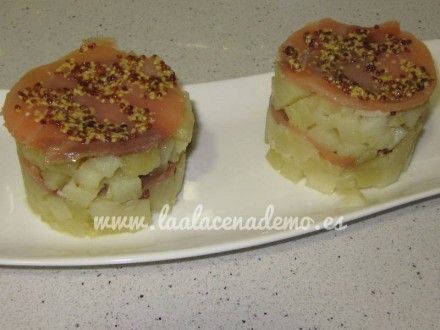Timbal de patata, salmón y mostaza Thermomix